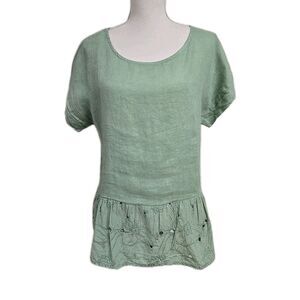 Terzo Millennio 100% Linen Short Sleeve Blouse Eyelet Floral Hem Green Women’s S